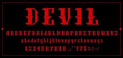 Devil font, demon typeface bloody red evil letters vector