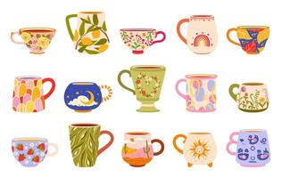 Ceramic tea cups and coffee mugs, kitchen crockery vector
