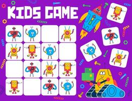 Sudoku game, cartoon robots and droids characters vector