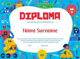 Kid diploma. Cartoon robots and droids certificate vector