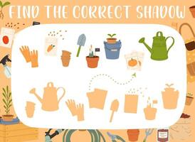 Find the correct shadow of farm or gardening tools vector