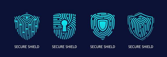 Secure shield, fingerprint and lock icons vector