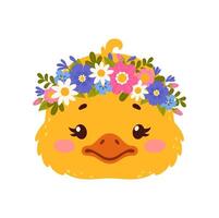 Duck cute animal with flower crown, chicken bird vector