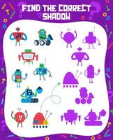 Find the correct shadow of cartoon robots, droids vector
