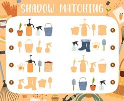 Shadow matching game of farm and gardening tools vector