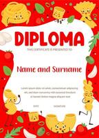 Kids diploma of cook with italian pasta characters vector