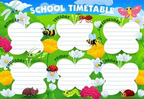 Timetable schedule with cartoon insect characters vector