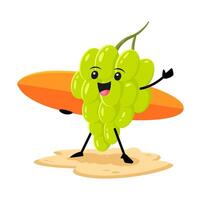 Cartoon grape character with surf board on beach vector