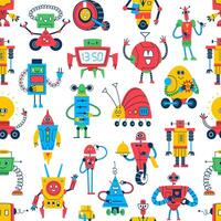 Cartoon robots seamless pattern, robotic droids vector