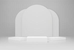 Grey podium, white square podiums and arch mockup vector