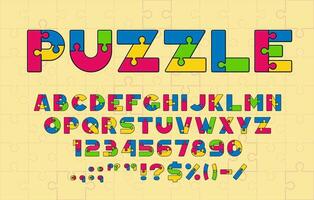 Puzzle font or type, jigsaw typeface alphabet vector