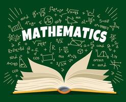 Math textbook, symbol and formulas on school board vector