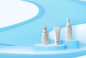 Blue podium with cosmetics mockup, product display vector