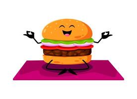 Cartoon fast food hamburger character on yoga vector