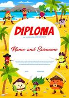 Kids diploma, cartoon vegetable pirate on island vector