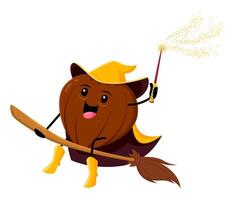Cartoon hazelnut wizard character flying on broom vector