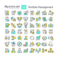 Portfolio management RGB color icons set. Financial advisors, risk management. Income generation. Isolated illustrations. Simple filled line drawings collection. Editable stroke vector