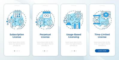 Software licensing types blue onboarding mobile app screen. Walkthrough 4 steps editable graphic instructions with linear concepts. UI, UX, GUI template vector