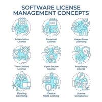 Software license management soft blue concept icons. Device tracking, access control. Icon pack. Round shape illustrations for infographic, presentation. Abstract idea vector