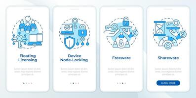 Software distribution models blue onboarding mobile app screen. Walkthrough 4 steps editable graphic instructions with linear concepts. UI, UX, GUI template vector