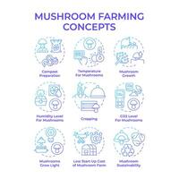 Mushroom farming blue gradient concept icons. Mushroom cultivation. Indoor farm conditions. Small business. Icon pack. Round shape illustrations. Abstract idea. Easy to use in article vector