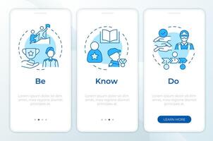Army leadership pillars blue onboarding mobile app screen. Walkthrough 3 steps editable graphic instructions with linear concepts. UI, UX, GUI template vector