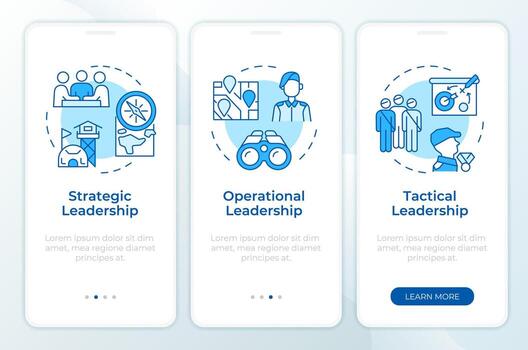 Ejército liderazgo organización azul inducción móvil aplicación pantalla. recorrido 3 pasos editable gráfico instrucciones con lineal conceptos. ui, ux, gui modelo vector