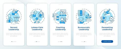 Styles of leadership management blue onboarding mobile app screen. Walkthrough 5 steps editable graphic instructions with linear concepts. UI, UX, GUI template vector