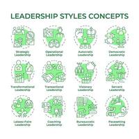 Leadership styles green concept icons. Professional development, military command. Army service. Icon pack. Round shape illustrations for infographic, presentation. Abstract idea vector