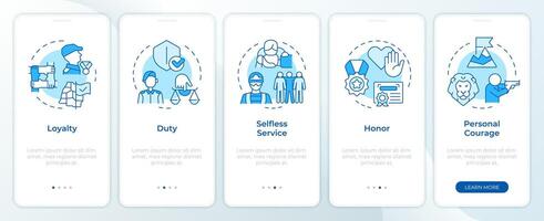Army mental values blue onboarding mobile app screen. Walkthrough 5 steps editable graphic instructions with linear concepts. UI, UX, GUI template vector