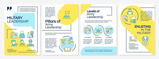 Military leadership features blue and yellow brochure template. Leaflet design with linear icons. Editable 4 layouts for presentation, annual reports vector