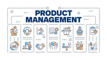 Product management word concept isolated on white. Product planning, development and launch. Creative illustration banner surrounded by editable line colorful icons vector