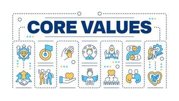 Core values word concept isolated on white. Company principles. Social responsibility. Business ethics. Creative illustration banner surrounded by editable line colorful icons vector