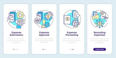 Expense management process steps onboarding mobile app screen. Walkthrough 4 steps editable graphic instructions with linear concepts. UI, UX, GUI template vector
