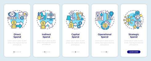 Spend types onboarding mobile app screen. Expense management. Walkthrough 5 steps editable graphic instructions with linear concepts. UI, UX, GUI template vector