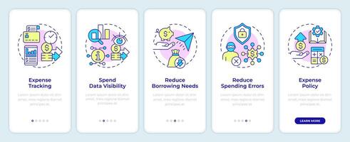 Benefits of spend management onboarding mobile app screen. Walkthrough 5 steps editable graphic instructions with linear concepts. UI, UX, GUI template vector