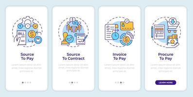 Spend management approaches onboarding mobile app screen. Walkthrough 4 steps editable graphic instructions with linear concepts. UI, UX, GUI template vector