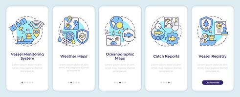 Fisheries monitoring tools onboarding mobile app screen. Walkthrough 5 steps editable graphic instructions with linear concepts. UI, UX, GUI template vector