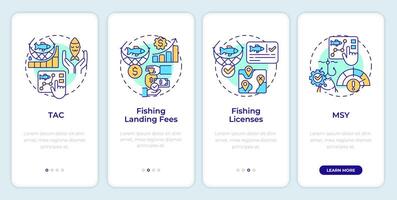 Fisheries management types onboarding mobile app screen. Walkthrough 4 steps editable graphic instructions with linear concepts. UI, UX, GUI template vector