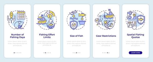 Fisheries management tools onboarding mobile app screen. Walkthrough 5 steps editable graphic instructions with linear concepts. UI, UX, GUI template vector