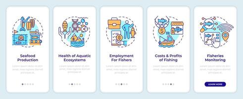 Fisheries management objectives onboarding mobile app screen. Walkthrough 5 steps editable graphic instructions with linear concepts. UI, UX, GUI template vector