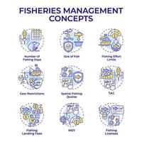 Fisheries management multi color concept icons. Marine ecosystem, seafood production. Icon pack. Round shape illustrations for infographic, presentation. Abstract idea vector