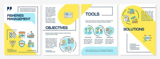 Fisheries management organization blue and yellow brochure template. Leaflet design with linear icons. Editable 4 layouts for presentation, annual reports vector