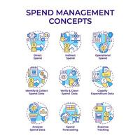 Spend management multi color concept icons. Expense reports, financial growth. Economic stability. Icon pack. Round shape illustrations for infographic, presentation. Abstract idea vector