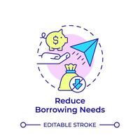 Reduce borrowing needs multi color concept icon. Credit accounting, debt. Paper plane, money bag. Round shape line illustration. Abstract idea. Graphic design. Easy to use in infographic, presentation vector