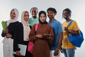 Group of diverse students engages in modern educational practices, utilizing a variety of technological tools such as laptops, tablets, and smartphones against a clean white background, exemplifying photo