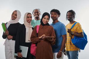 Group of diverse students engages in modern educational practices, utilizing a variety of technological tools such as laptops, tablets, and smartphones against a clean white background, exemplifying photo