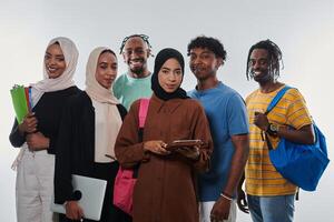 Group of diverse students engages in modern educational practices, utilizing a variety of technological tools such as laptops, tablets, and smartphones against a clean white background, exemplifying photo
