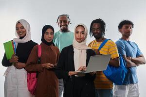 Group of diverse students engages in modern educational practices, utilizing a variety of technological tools such as laptops, tablets, and smartphones against a clean white background, exemplifying photo