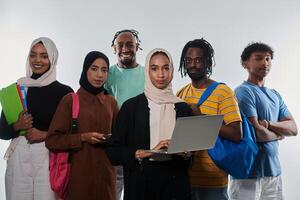 Group of diverse students engages in modern educational practices, utilizing a variety of technological tools such as laptops, tablets, and smartphones against a clean white background, exemplifying photo